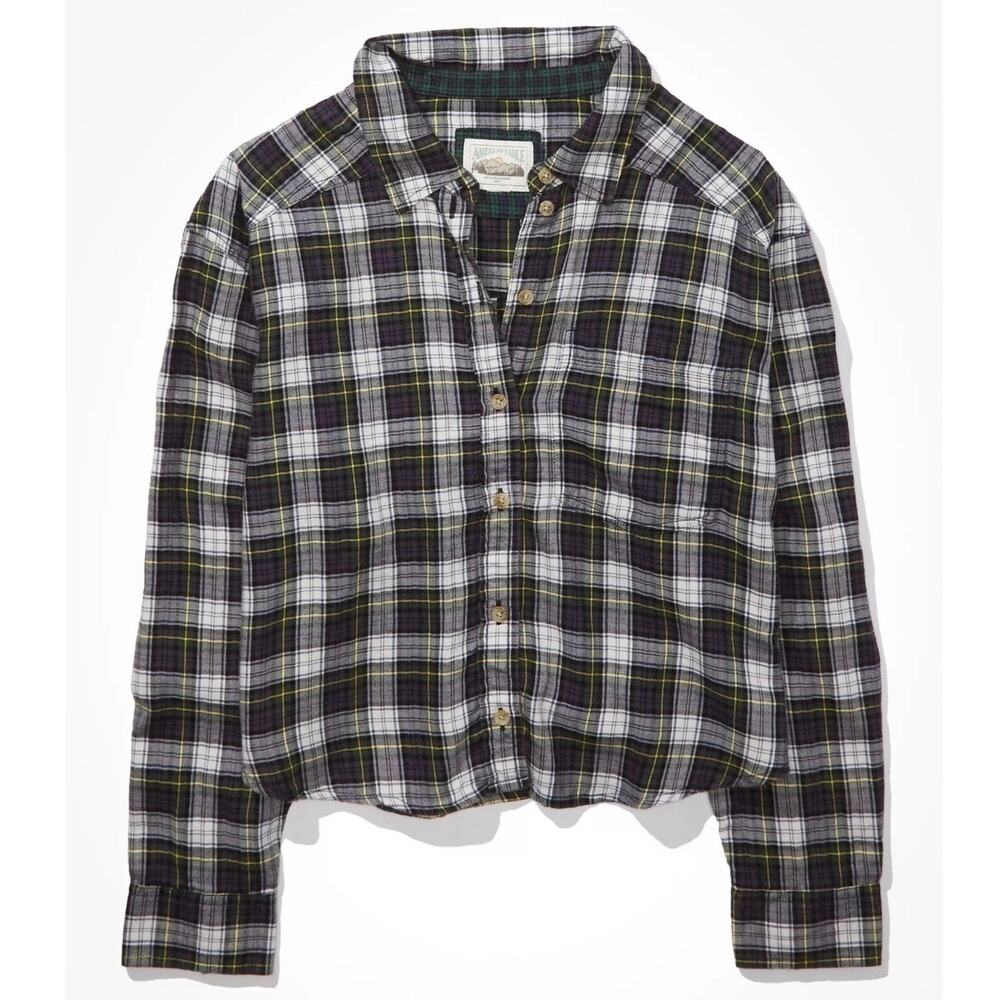 American Eagle Cozy Cabin Cropped Plaid Flannel Button Down Shirt Size Medium